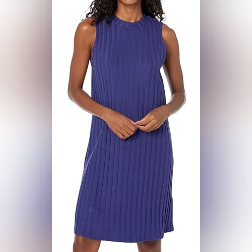 Ladies Eileen Fisher Wide Rib Stretch Mock Neck Dress Very Fitted Sleevless Lrg